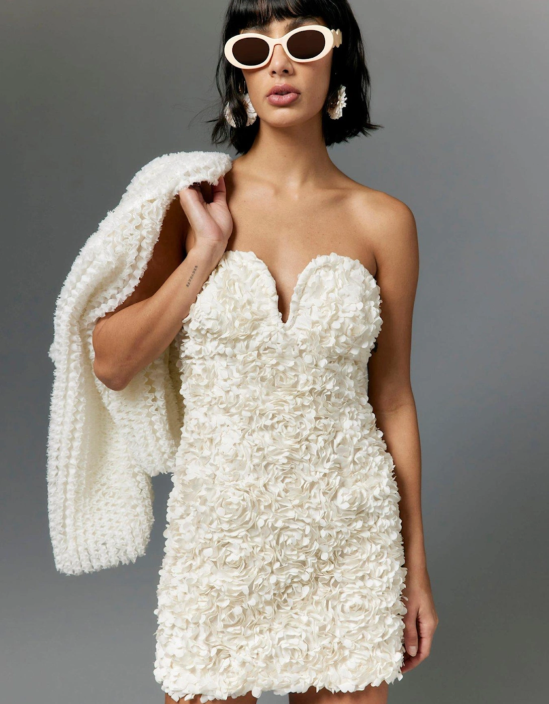 Plunge 3D Mini Dress - Cream, 2 of 1