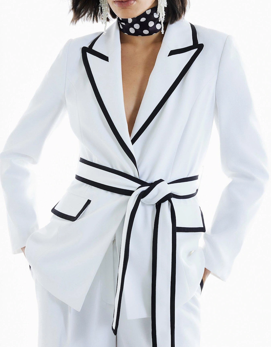 Contrast Piping Belted Blazer - White, 2 of 1