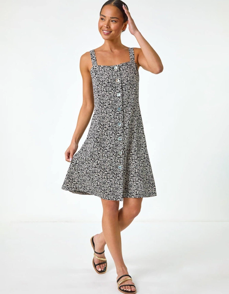 Petite Floral Ditsy Button Dress - Black