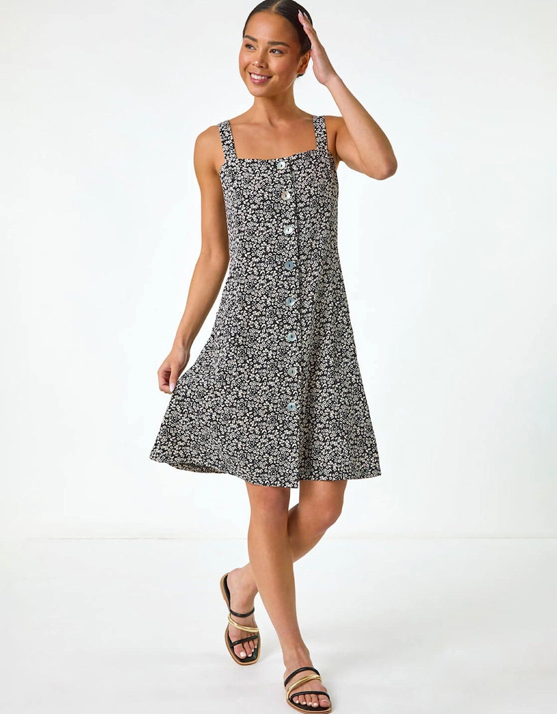 Petite Floral Ditsy Button Dress - Black, 2 of 1