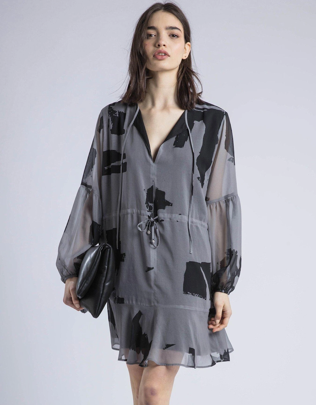 Eternity Mini Dress With Neck Tie In Abstract Print - Grey, 2 of 1