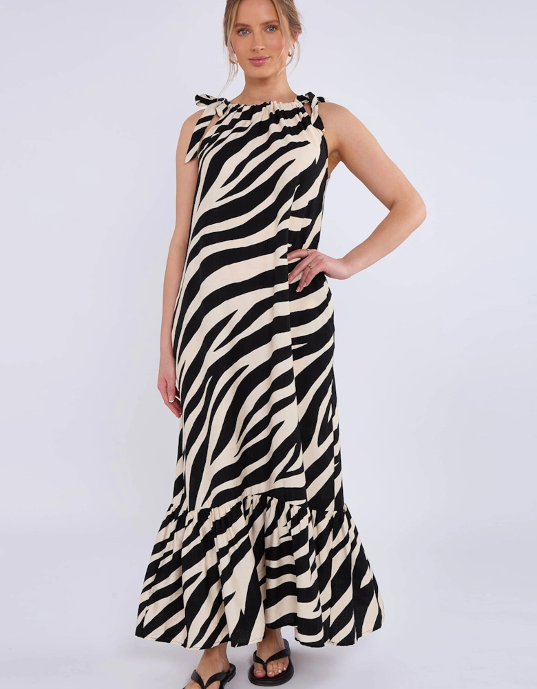 Mono Zebra Print Tie Shoulder Maxi Dress