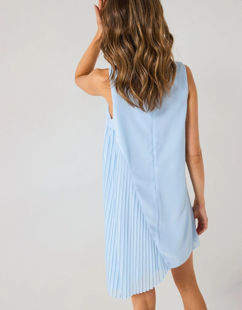 Pleated Asymmetrical High Neck Mini Dress - Blue