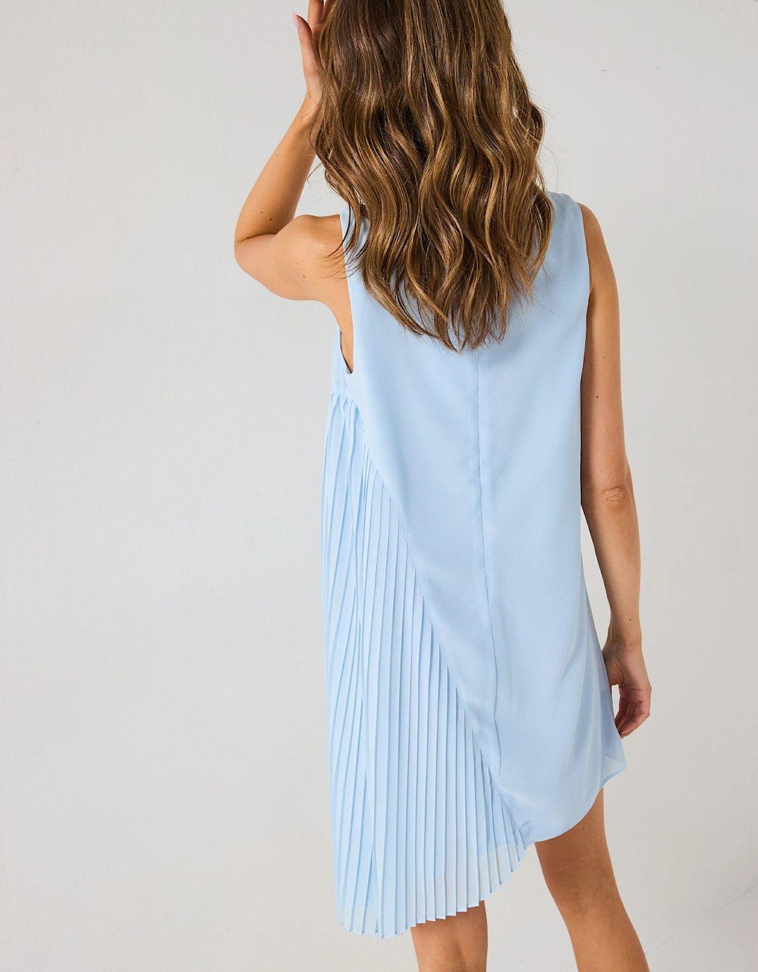 Pleated Asymmetrical High Neck Mini Dress - Blue