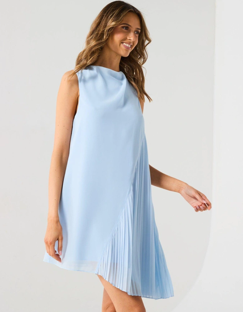 Pleated Asymmetrical High Neck Mini Dress - Blue