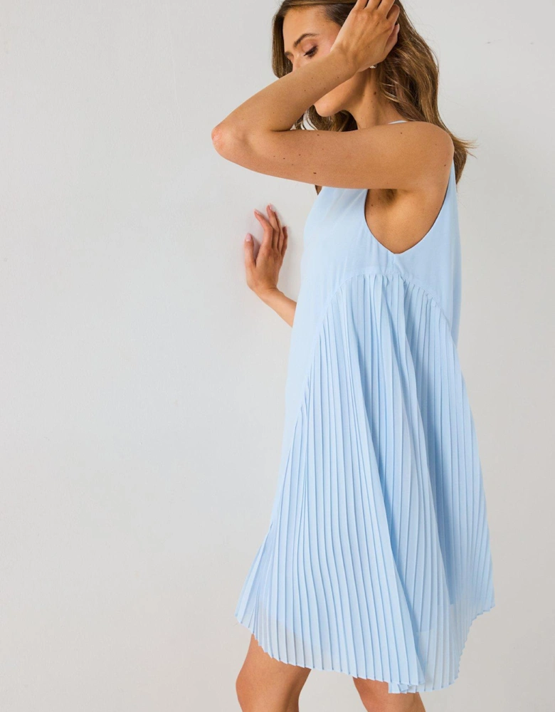 Pleated Asymmetrical High Neck Mini Dress - Blue