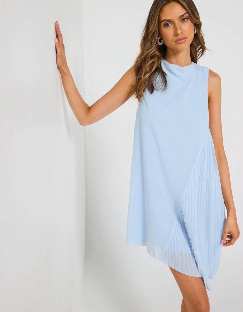 Pleated Asymmetrical High Neck Mini Dress - Blue