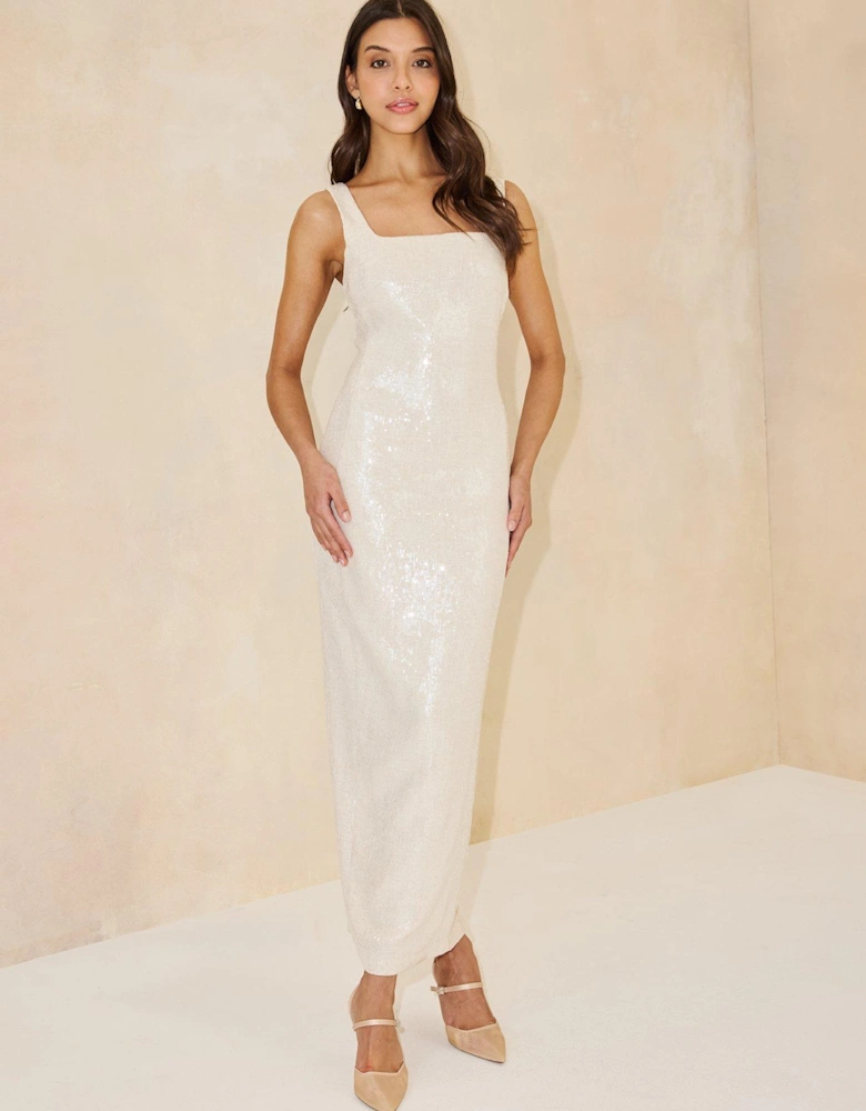 Sequin Midaxi Tailored Dress - Beige 
