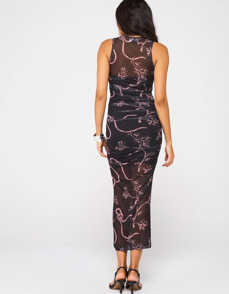 Printed Mesh Midi Dress - Black