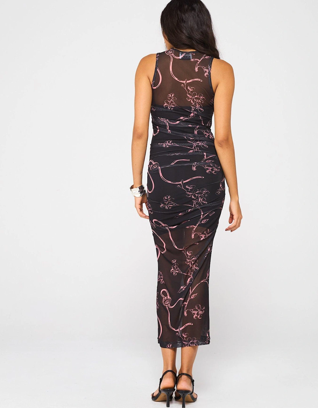 Printed Mesh Midi Dress - Black