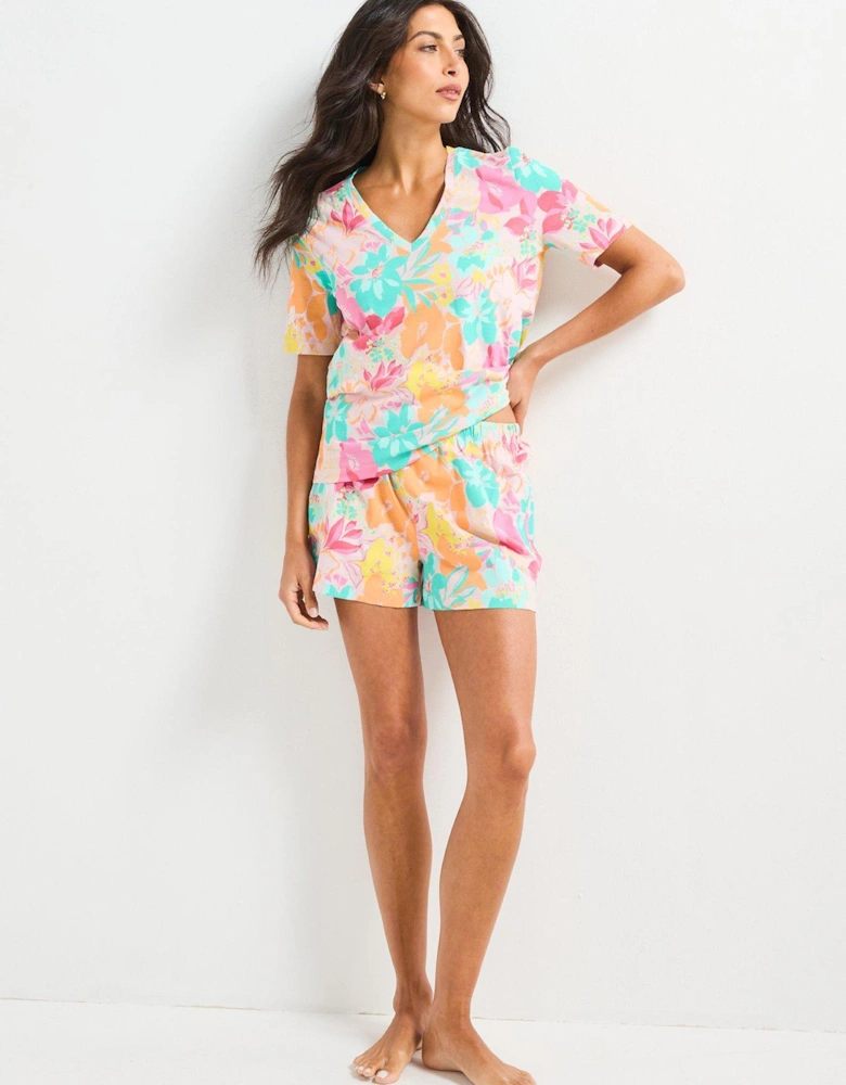Floral V Neck And Short Pj Set