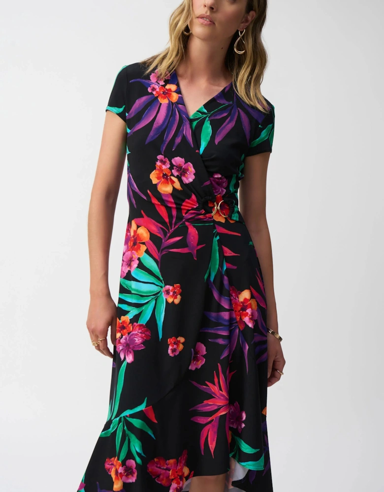 Silky knit tropical print wrap dress