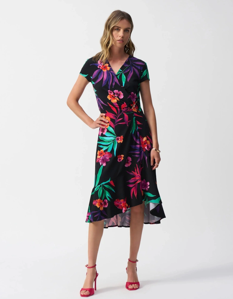 Silky knit tropical print wrap dress