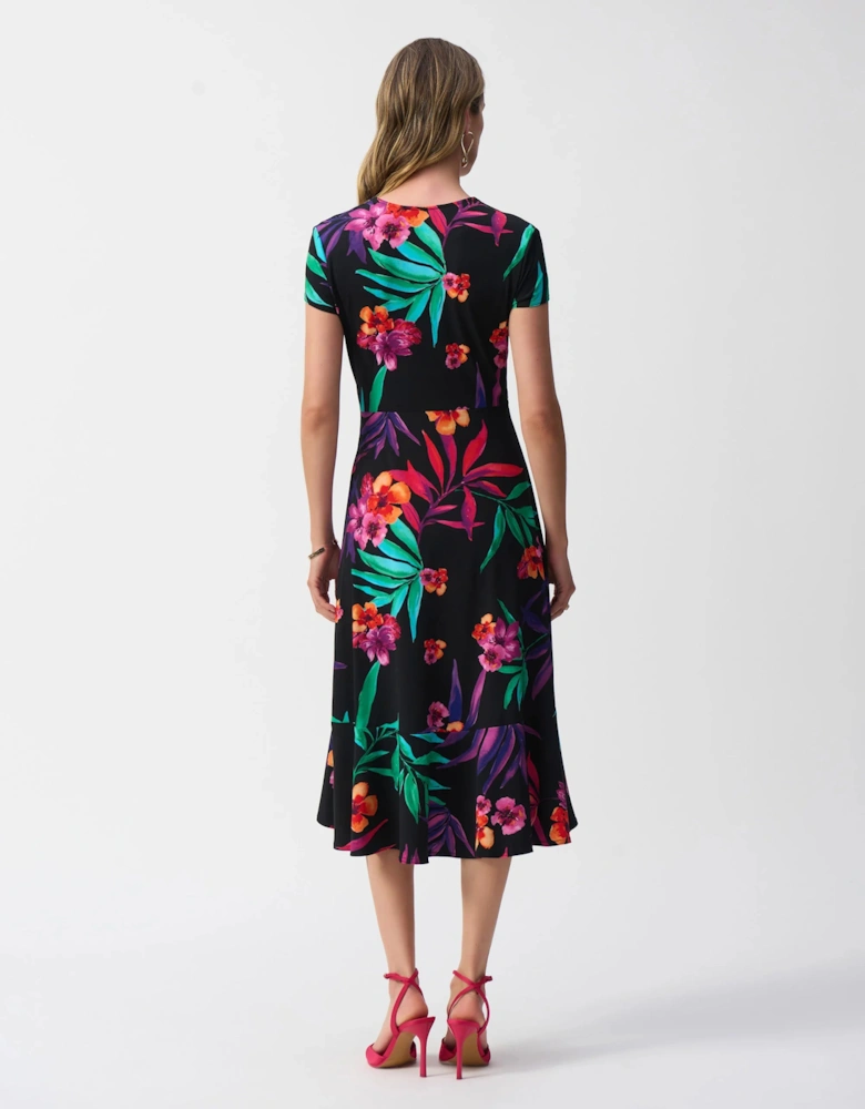 Silky knit tropical print wrap dress