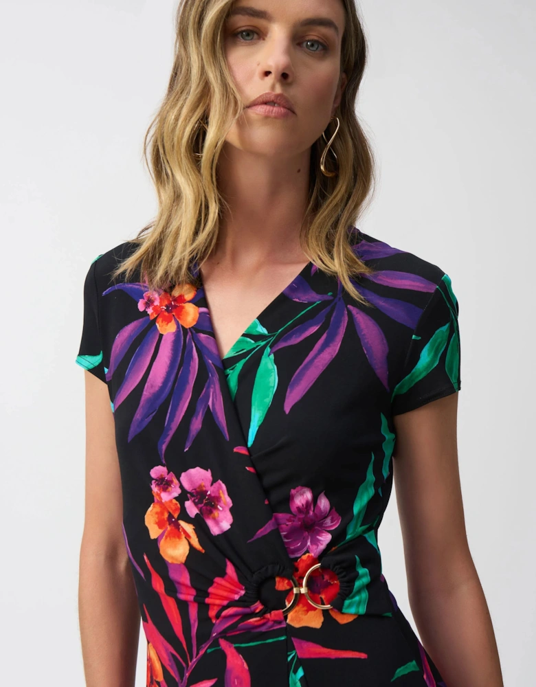 Silky knit tropical print wrap dress