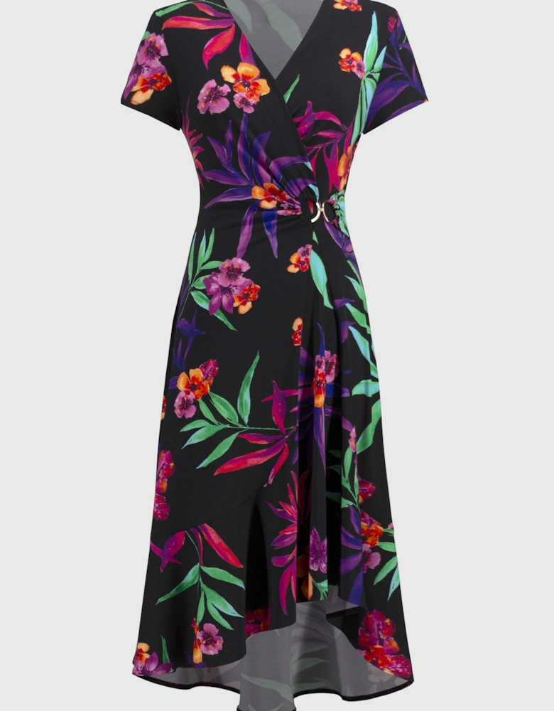 Silky knit tropical print wrap dress