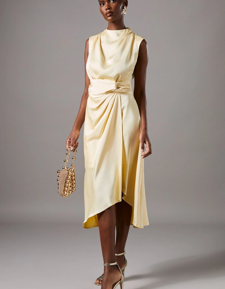 Satin Midi Dress With Twist Waist