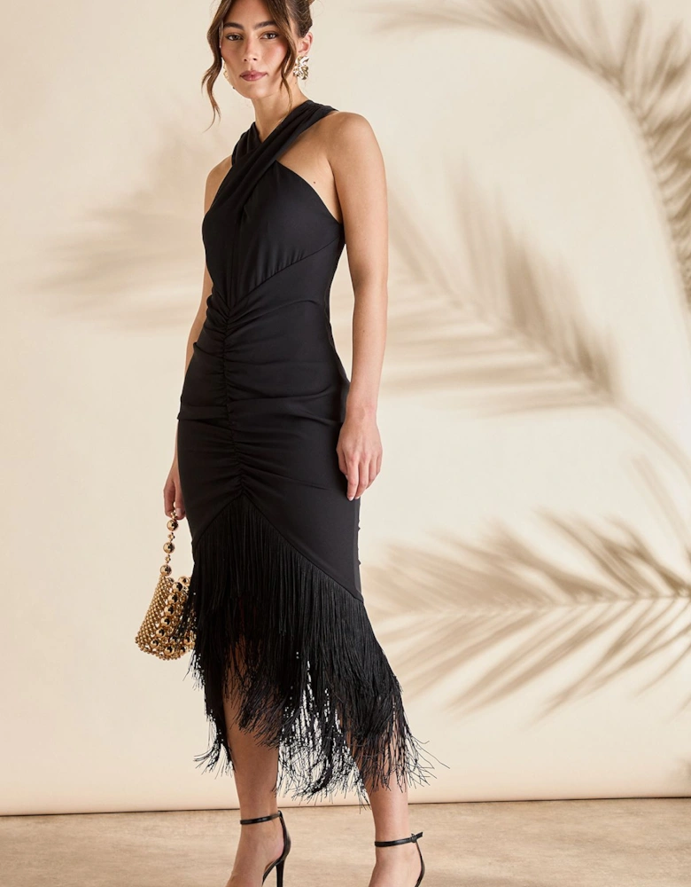Fringe Hem Cross Neck Midi Dress