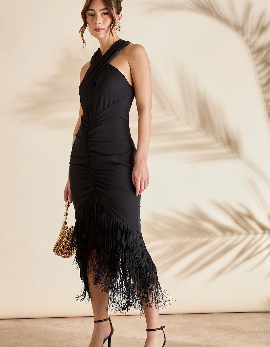Fringe Hem Cross Neck Midi Dress, 2 of 1