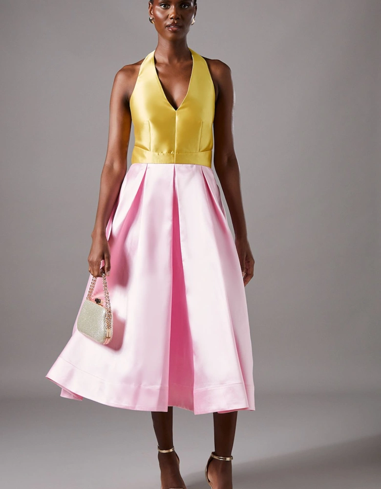 Halterneck Twill Pleated Midi Dress