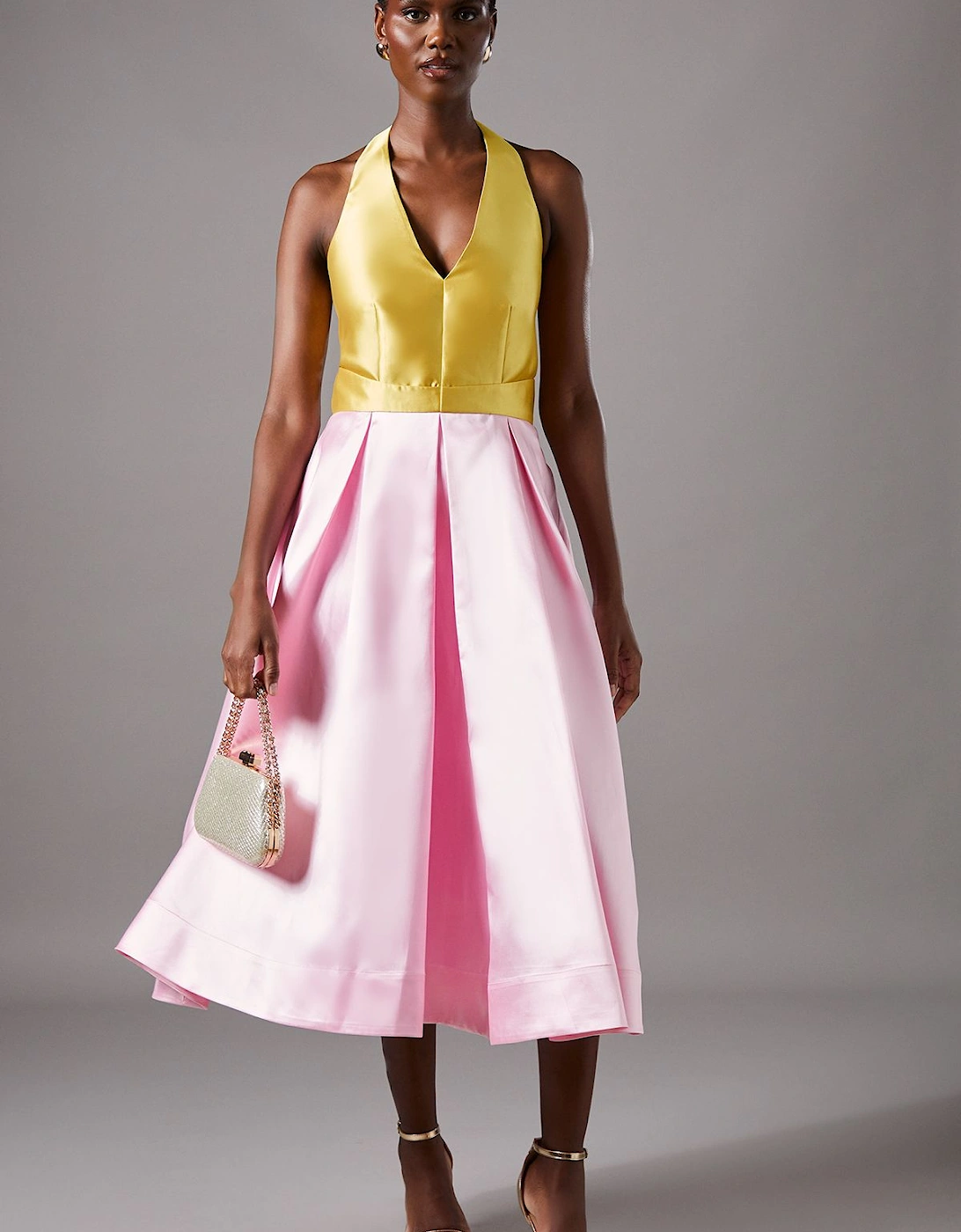 Halterneck Twill Pleated Midi Dress, 2 of 1