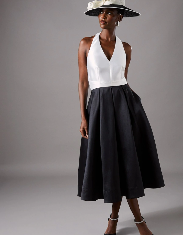 Halterneck Twill Pleated Midi Dress