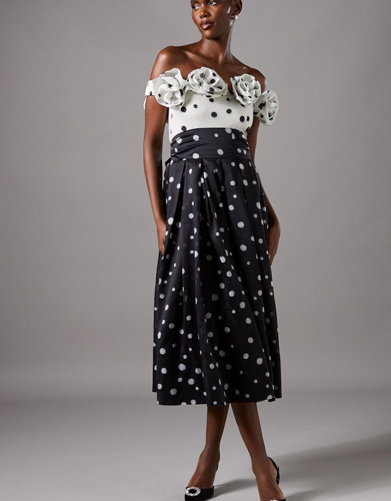 Contrast Spot Bandeau Ruffle Midi Dress