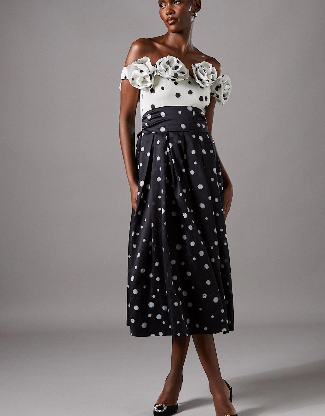 Contrast Spot Bandeau Ruffle Midi Dress, 2 of 1