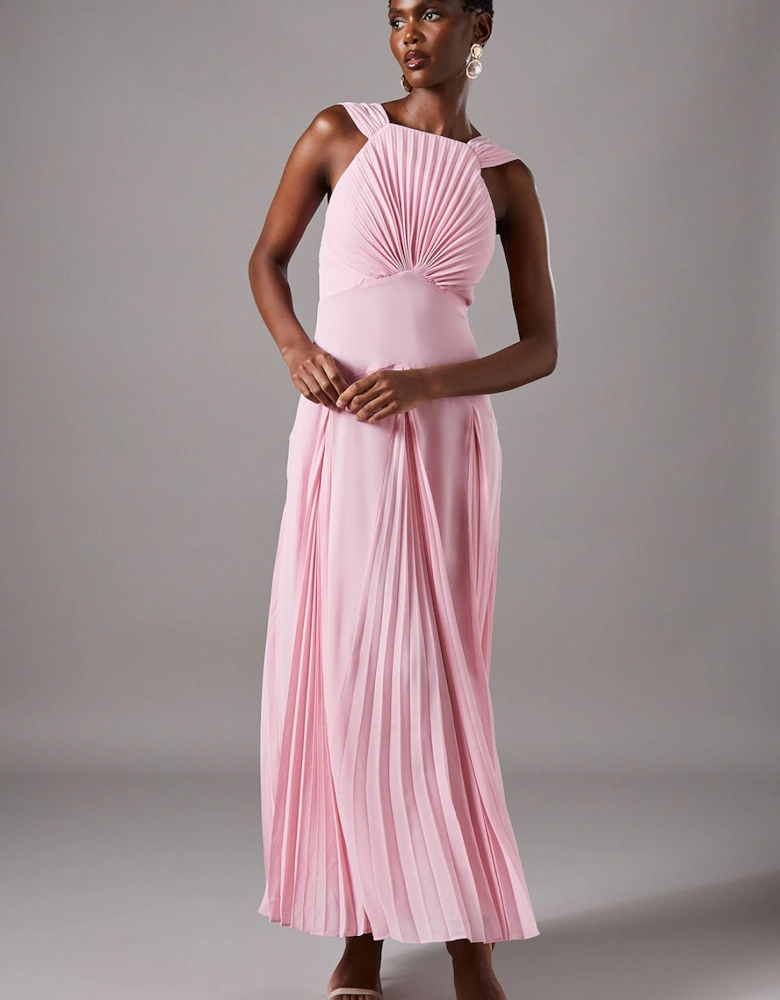 Pleated Bodice Sleeveless Midi Dress