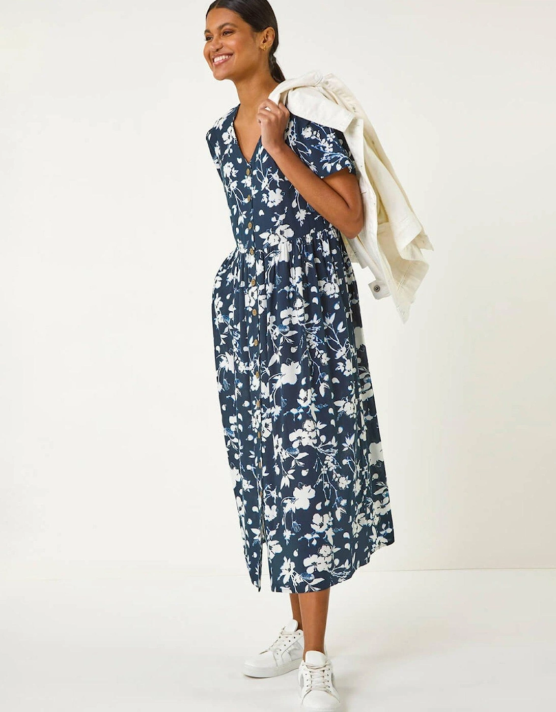 Floral Print Button Through Midi Dress - Navy, 2 of 1