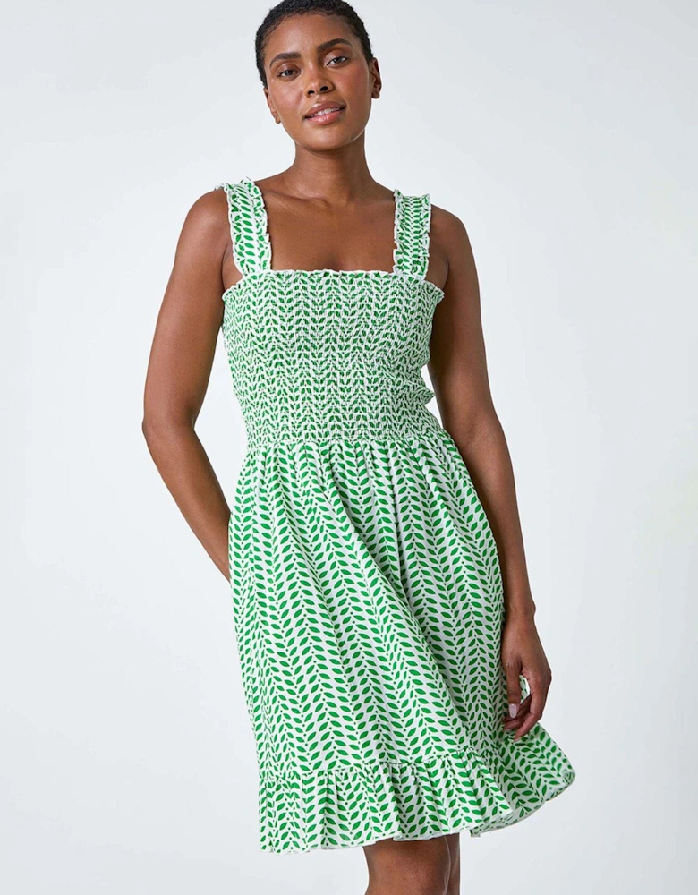 Zig Zag Print Shirred Cotton Dress