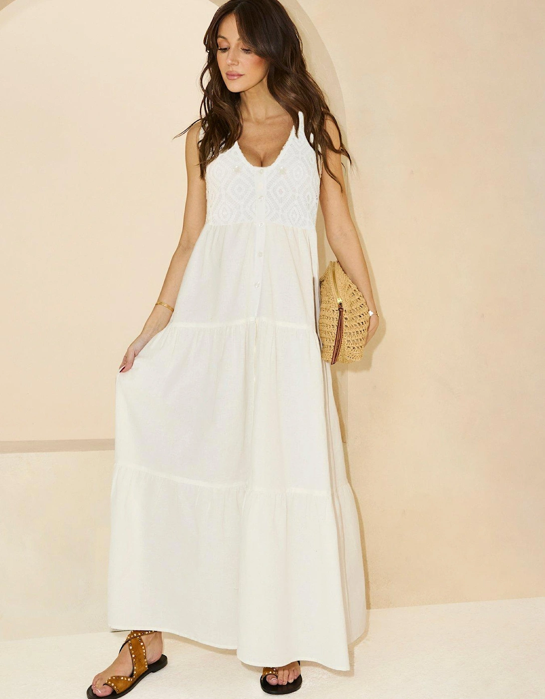 Crochet Shell Embellished Tiered Midaxi Dress - White, 2 of 1