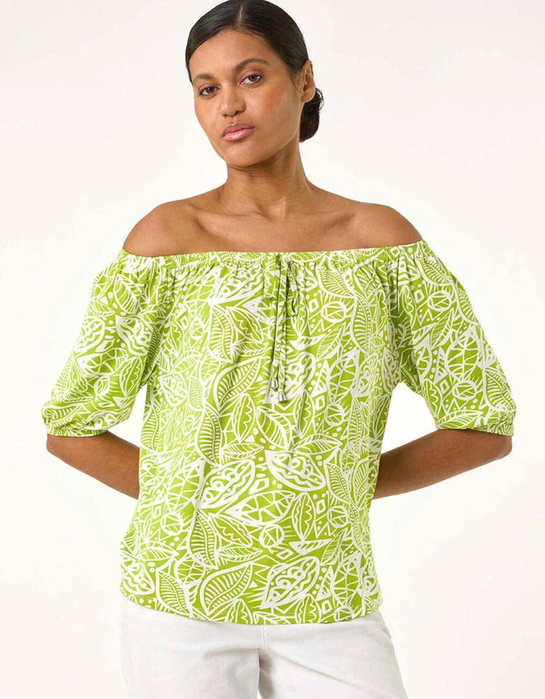 Floral Print Bardot Stretch Top - Green