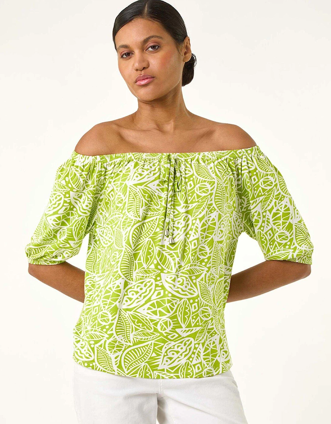 Floral Print Bardot Stretch Top - Green, 2 of 1