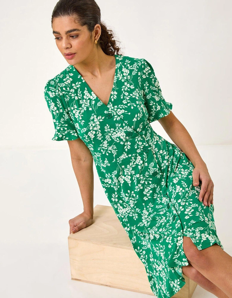 Ditsy Floral Side Button Dress - Green