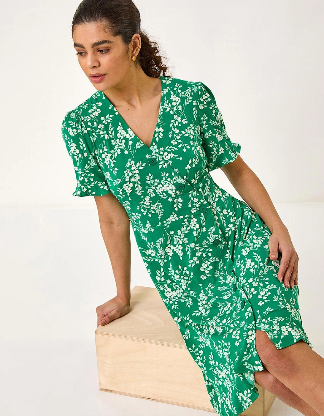 Ditsy Floral Side Button Dress - Green, 2 of 1