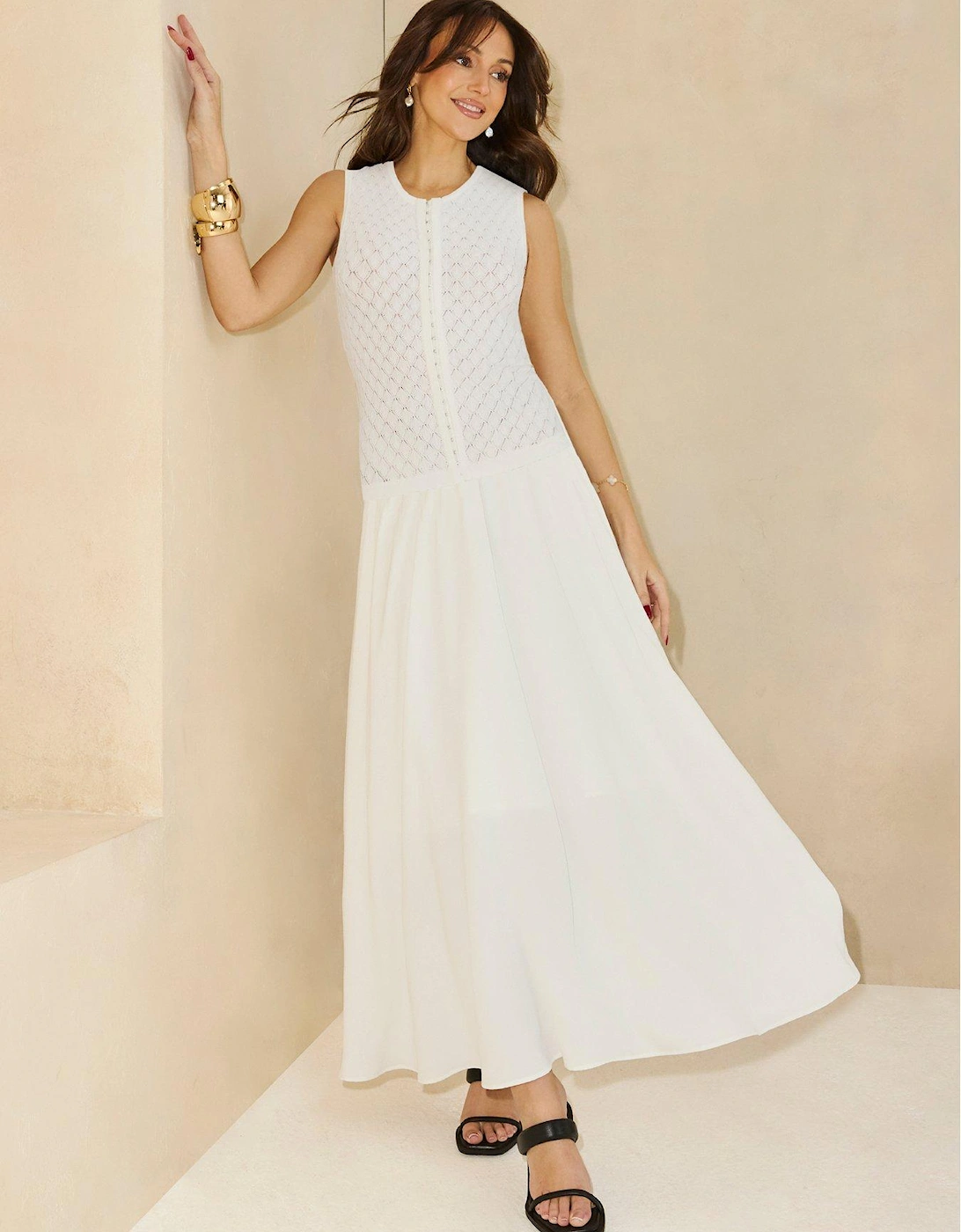 Pointelle Knit Dropped Waist Midaxi Dress - White, 2 of 1
