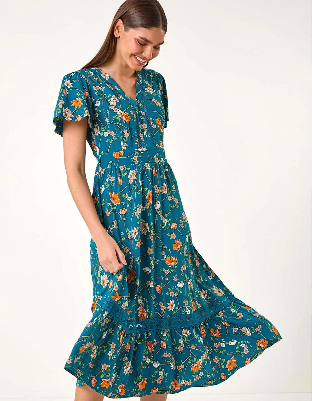 Floral Lace Trim Pocket Midi Dress, 2 of 1