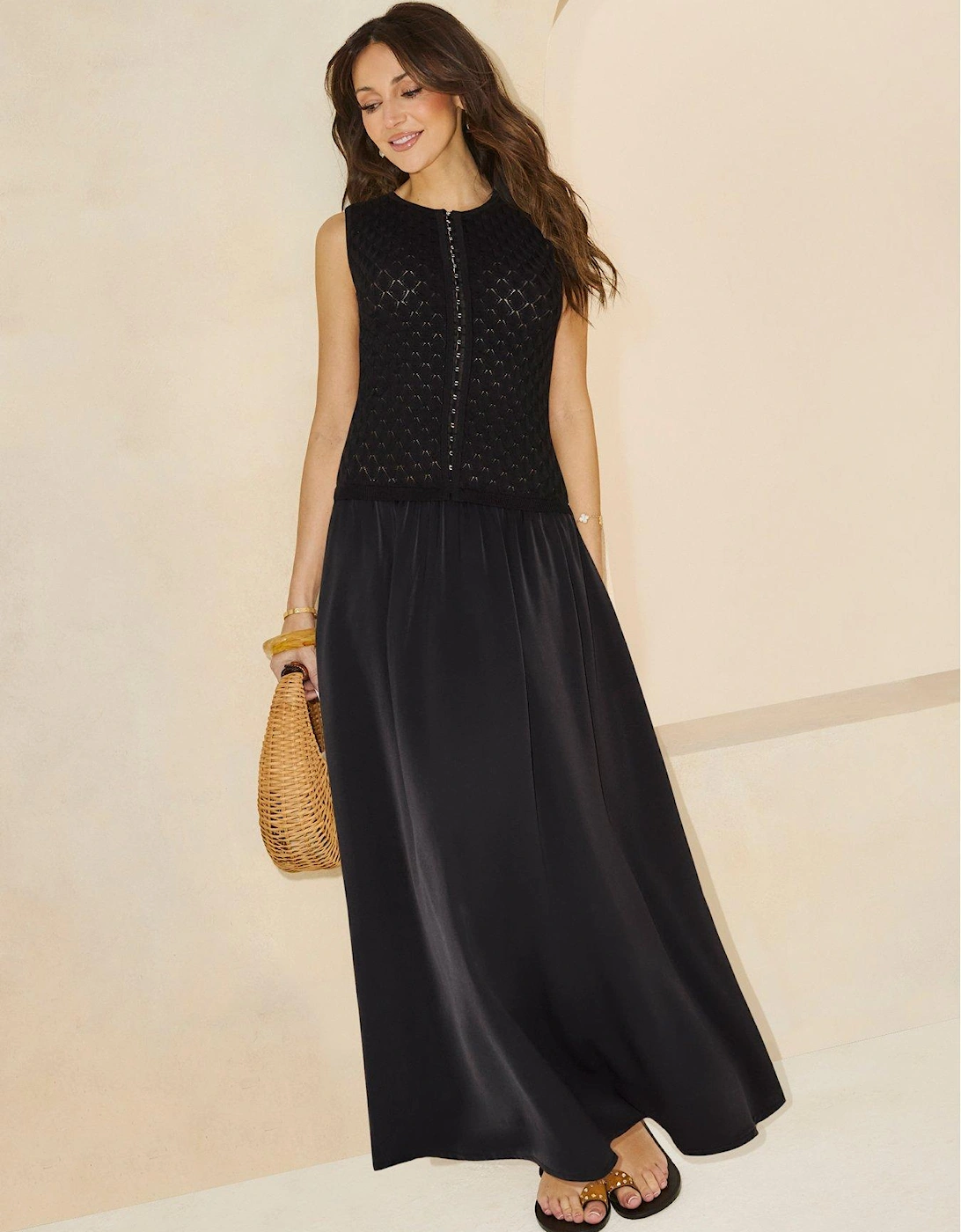 Pointelle Knit Dropped Waist Midaxi Dress - Black, 2 of 1