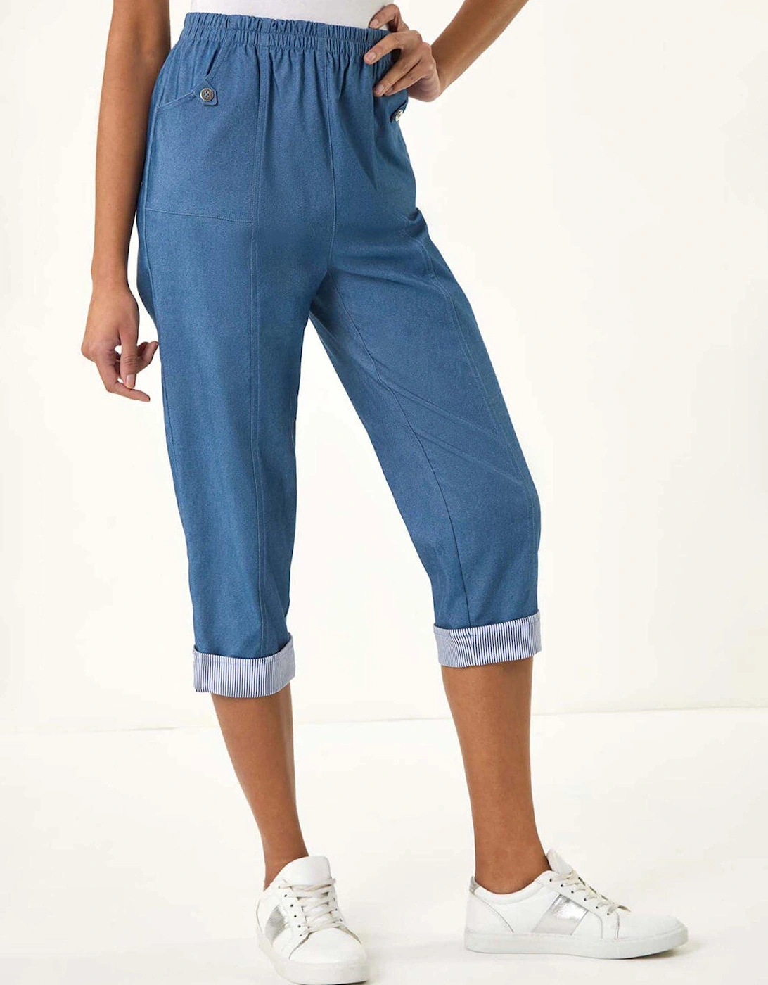 Contrast Detail Cropped Stretch Trousers - Blue, 2 of 1