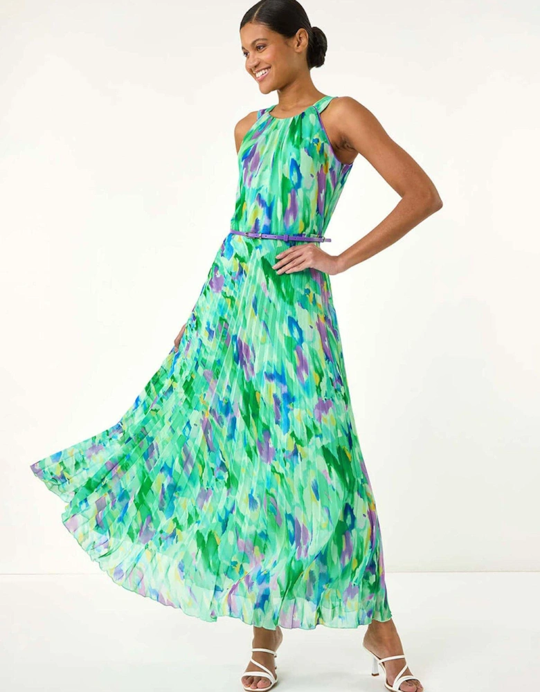Blurred Print Pleated Maxi Dress - Green