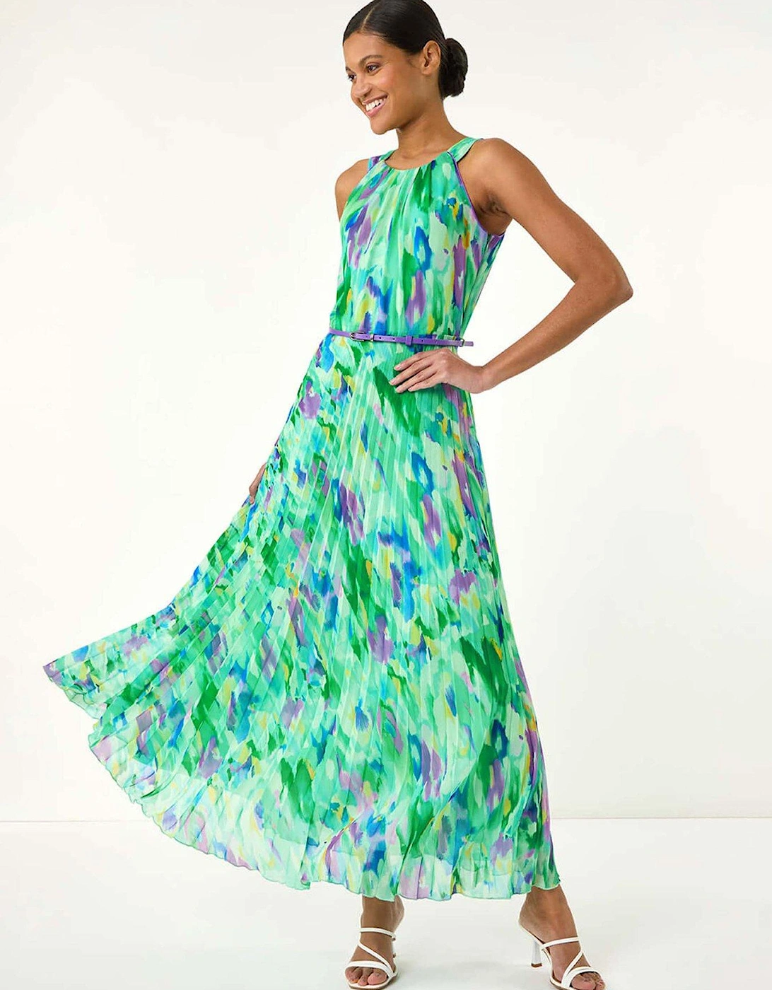 Blurred Print Pleated Maxi Dress - Green, 2 of 1