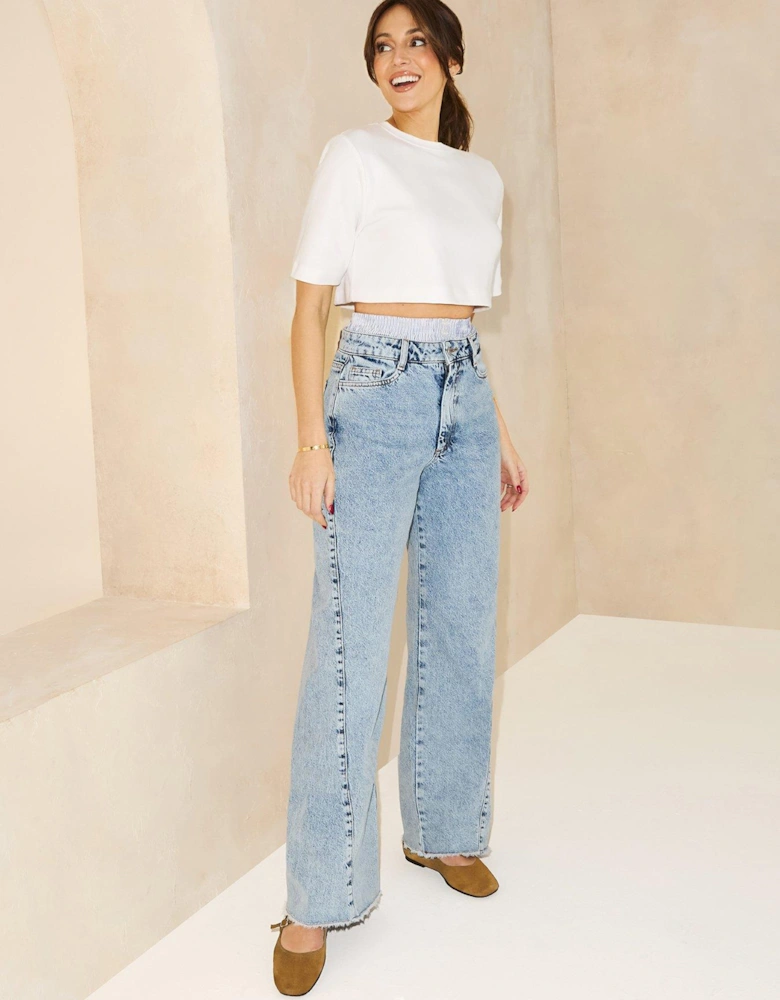 Double Waistband Wide Leg Jean - Mid Wash