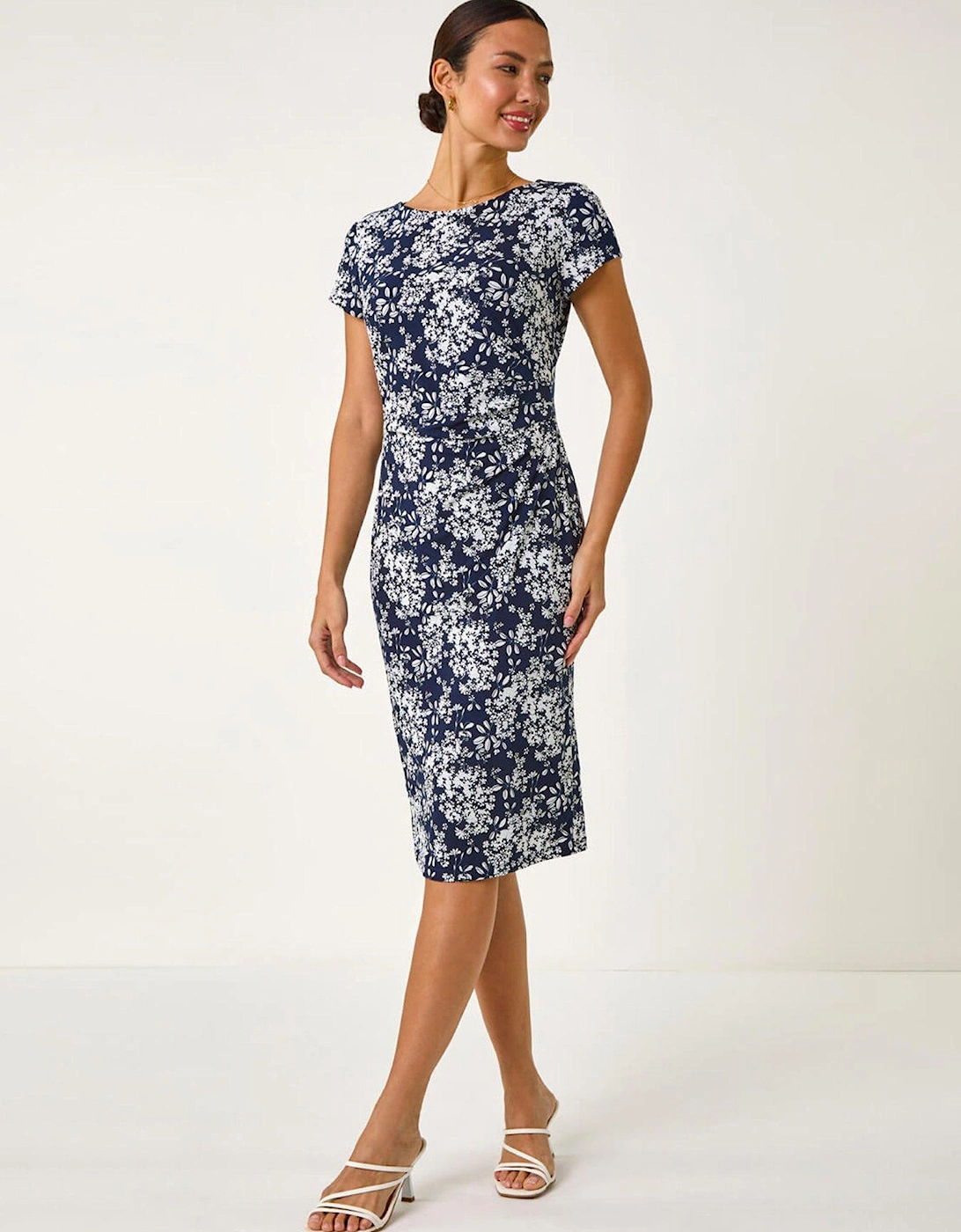 Floral Print Pleat Detail Shift Dress - Navy, 2 of 1