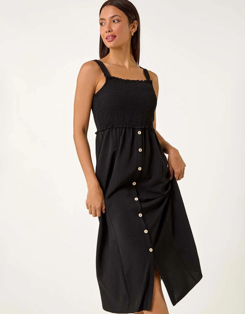 Plain Shirred Button Detail Midi Dress
