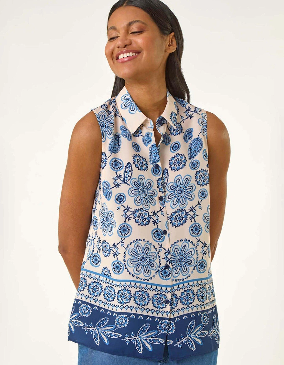 Border Print Collared Blouse - Blue, 2 of 1
