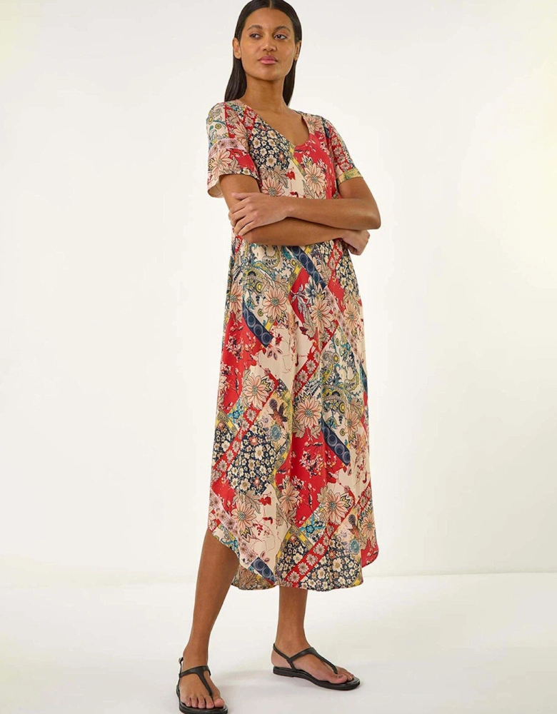 Patchwork Print Curved Hem Midi Dress - Red