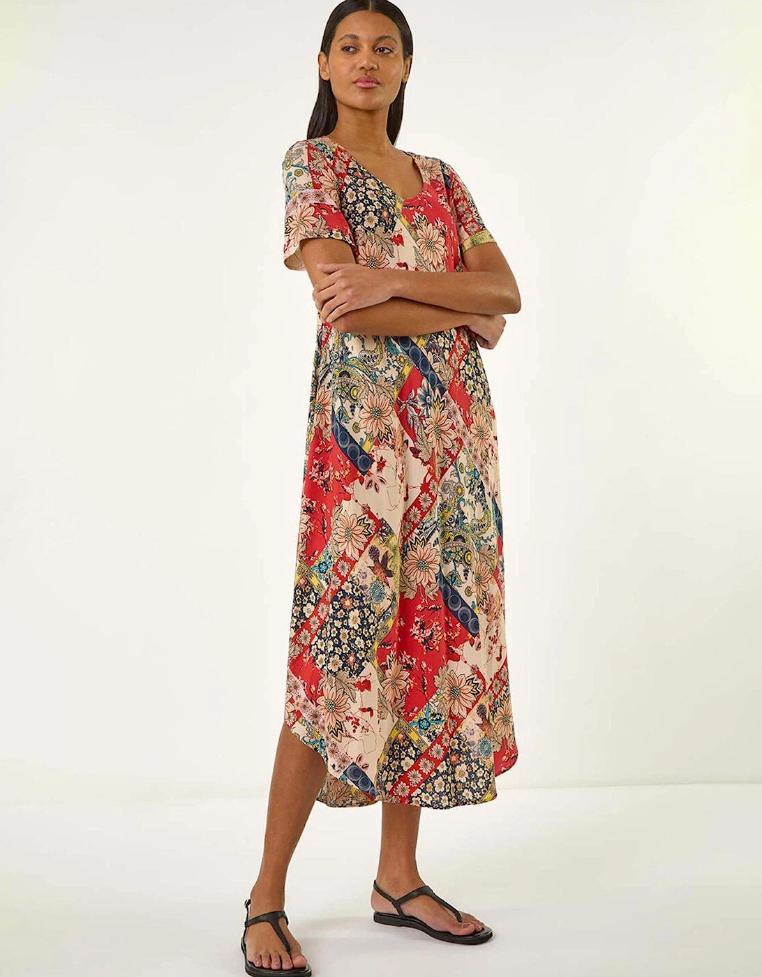 Patchwork Print Curved Hem Midi Dress - Red, 2 of 1