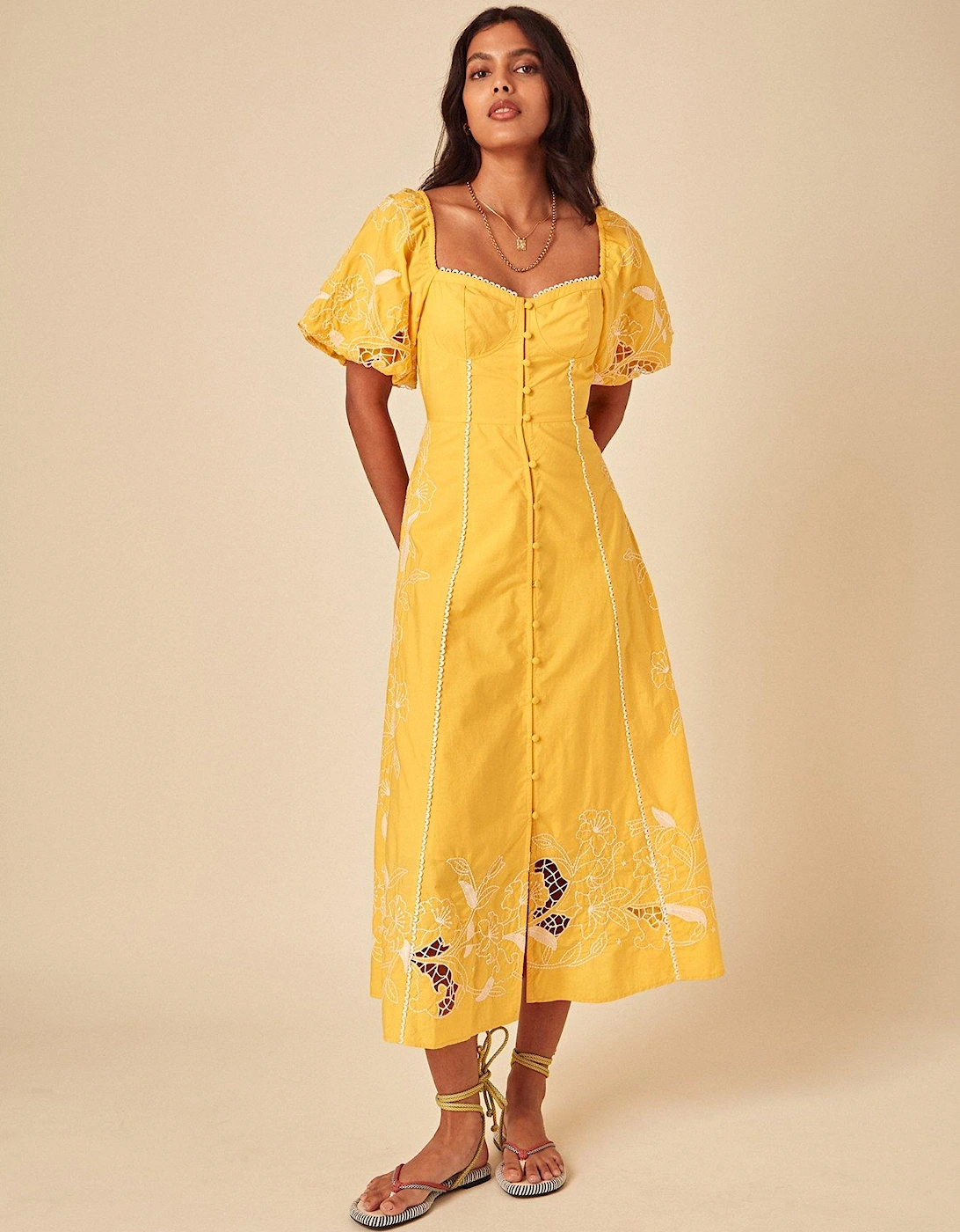 Beatrix Midi Embroidered Dress - Yellow, 2 of 1