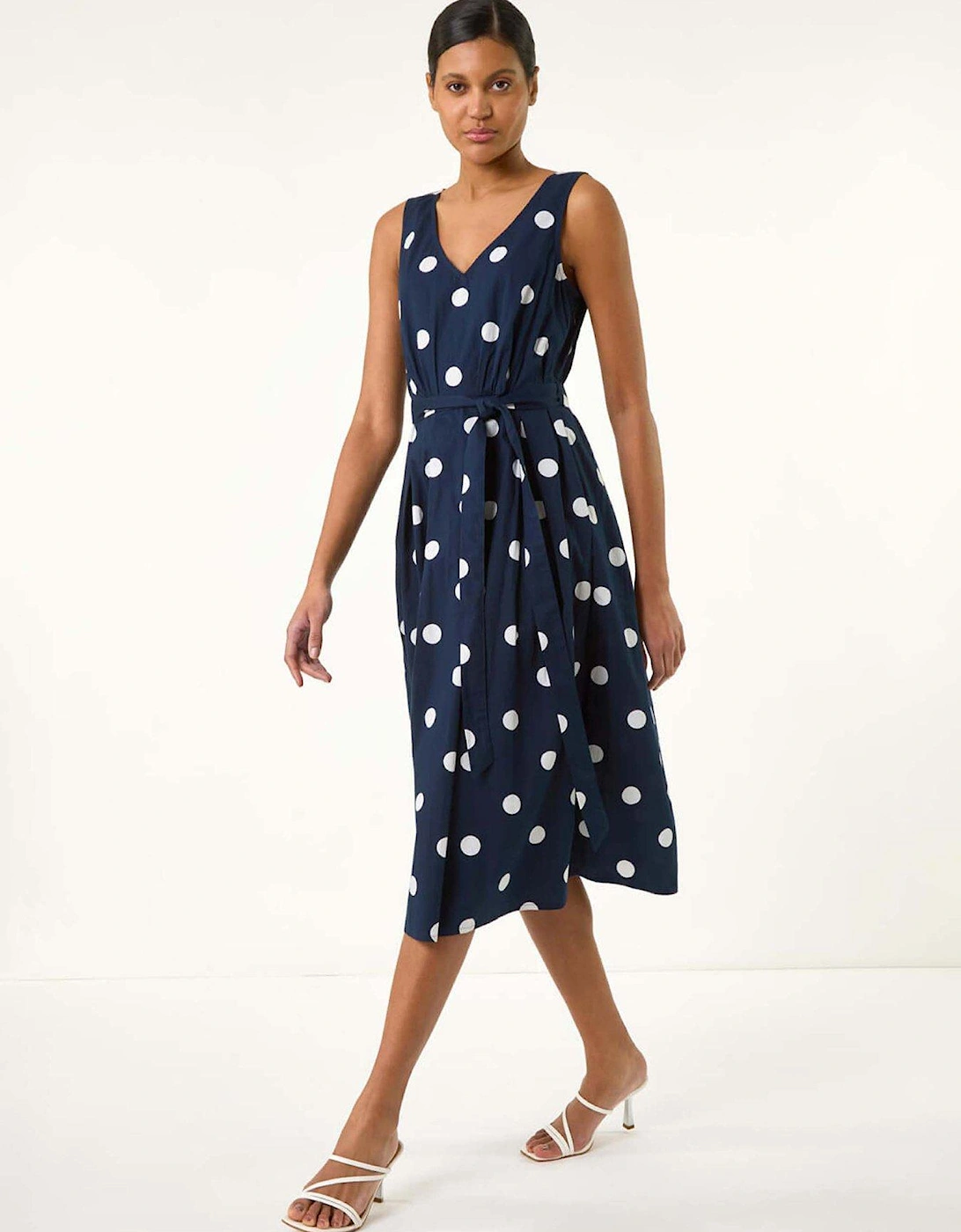 Spot Print Belted Midi Dress - Navy, 2 of 1